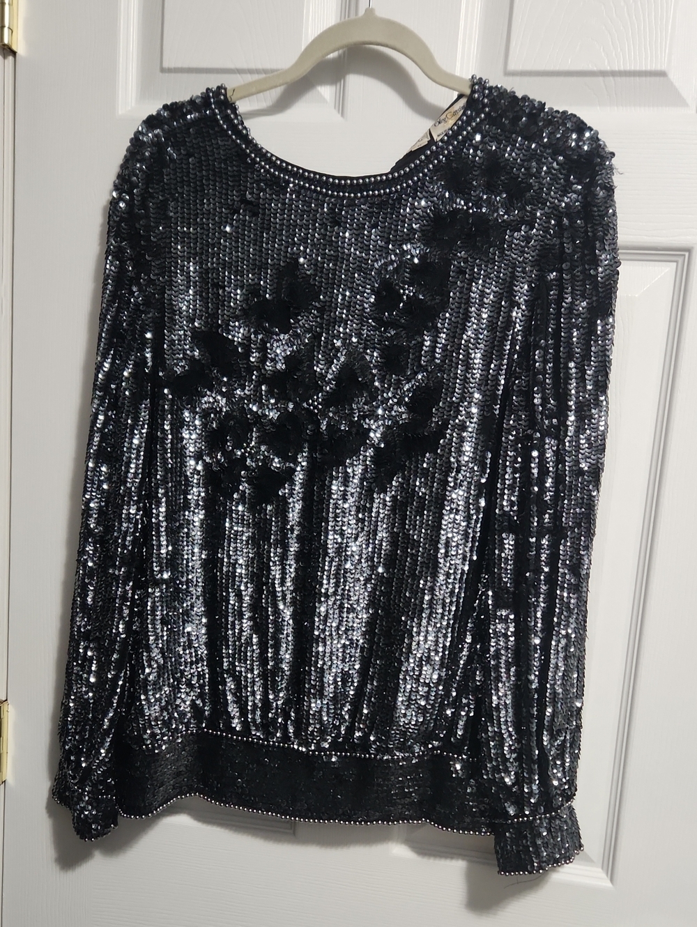 Oleg Cassini Black Sequin Floral Applique Long-Sleeve Top Vintage 80s